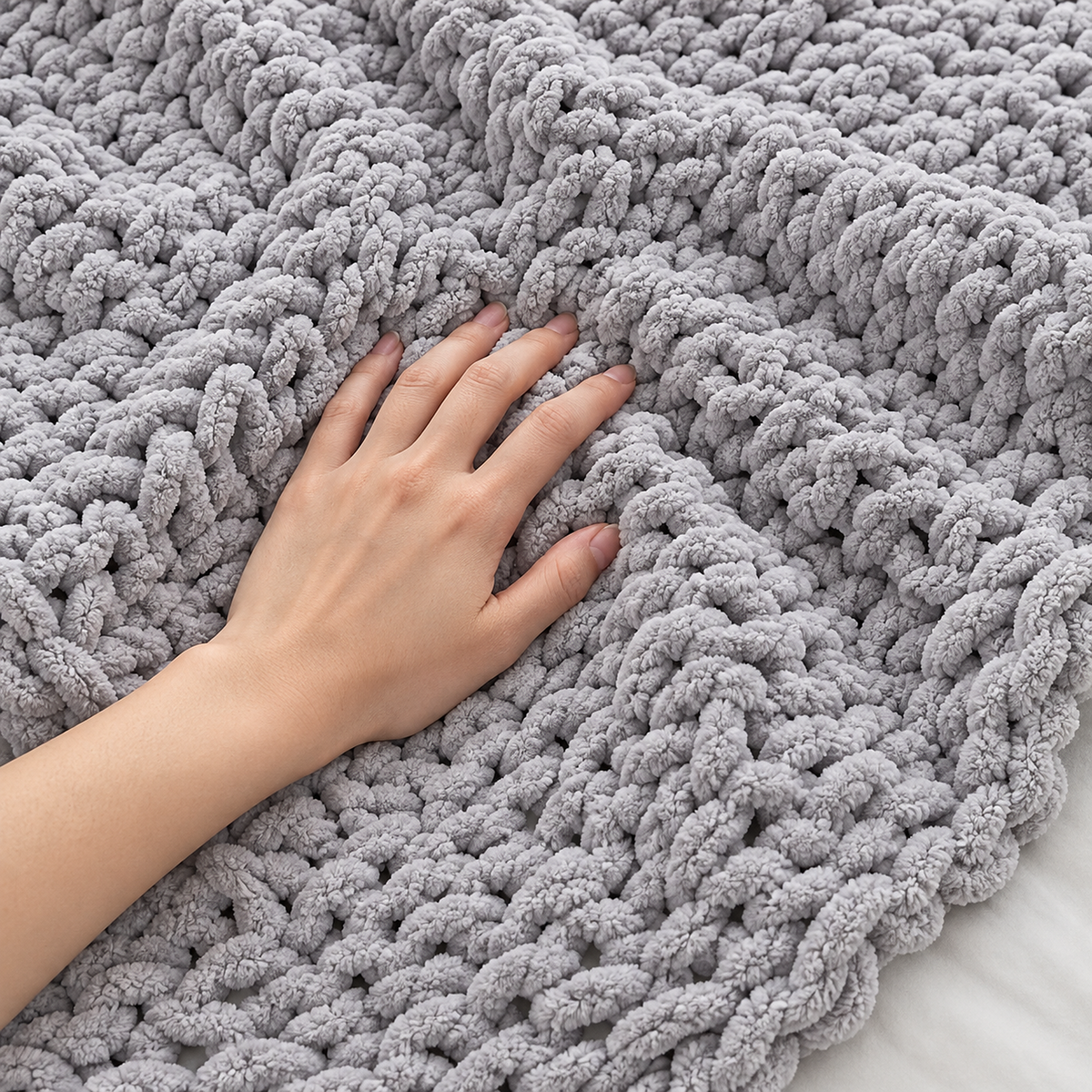 Ramelio gray throw blanket with an adult hand pressing into the chunky chenille knit surface