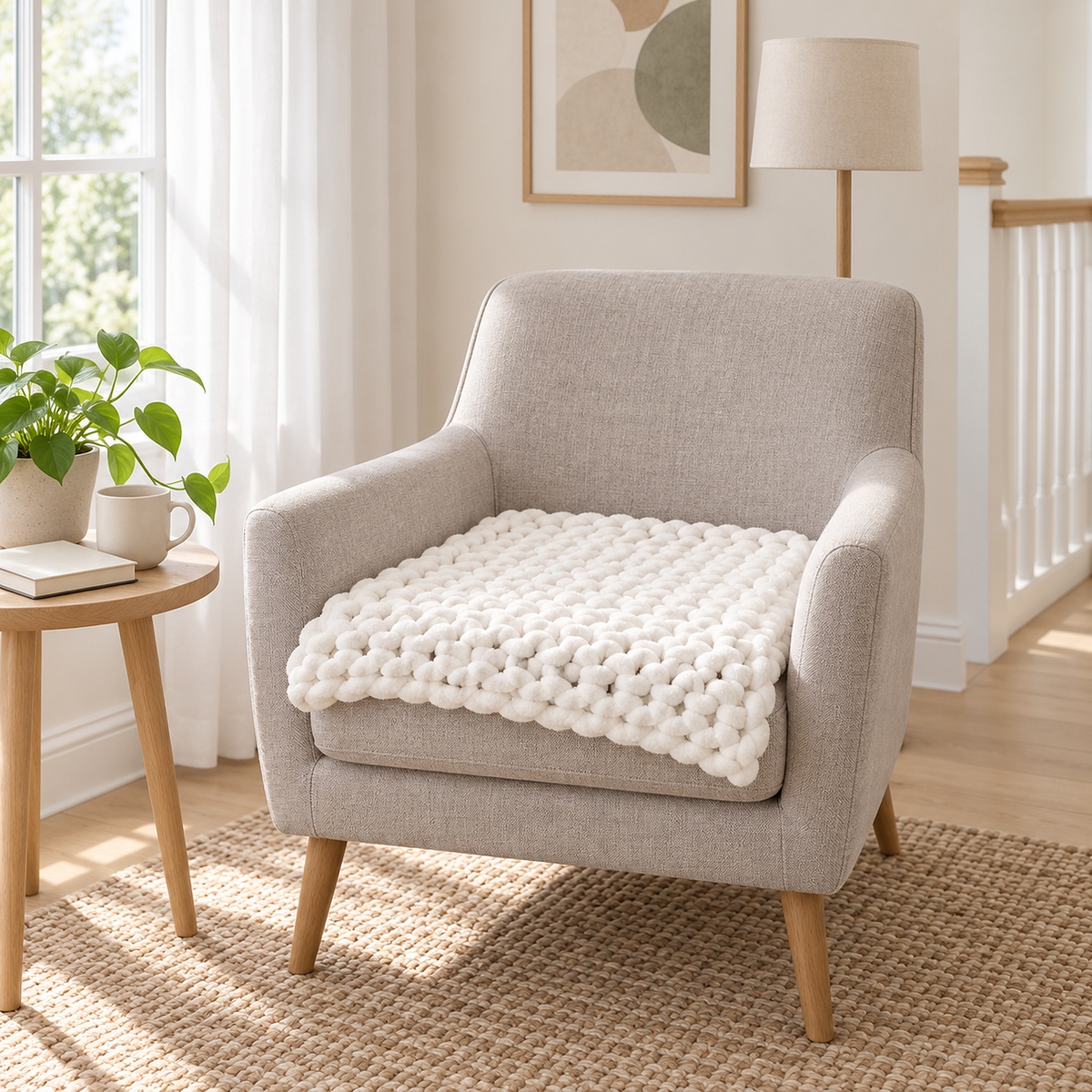 Ramelio white knit throw blanket in a square size laid across a chair seat on an upstairs landing #color_white