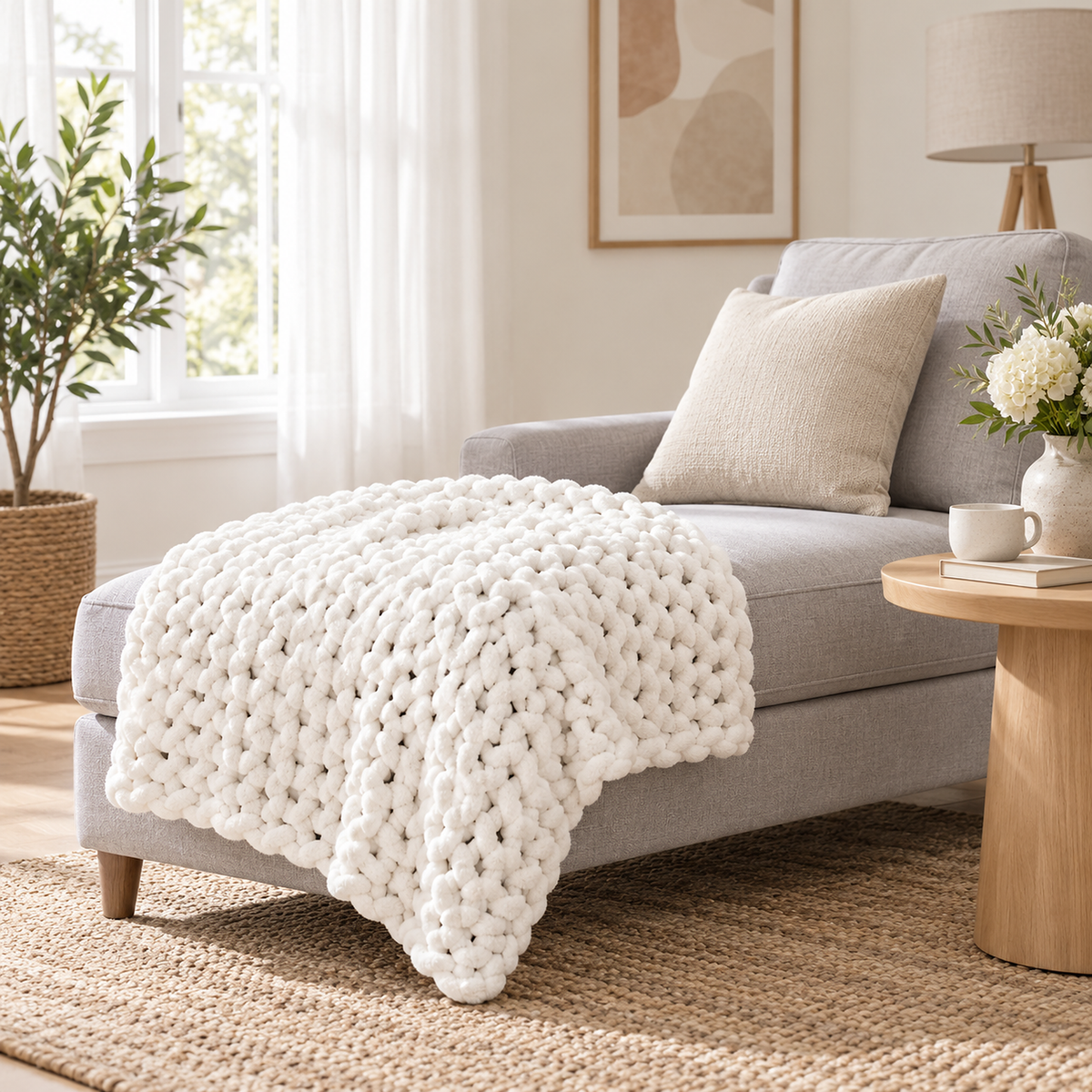 Ramelio white throw blanket for couch draped over the foot of a chaise in a quiet alcove #color_white