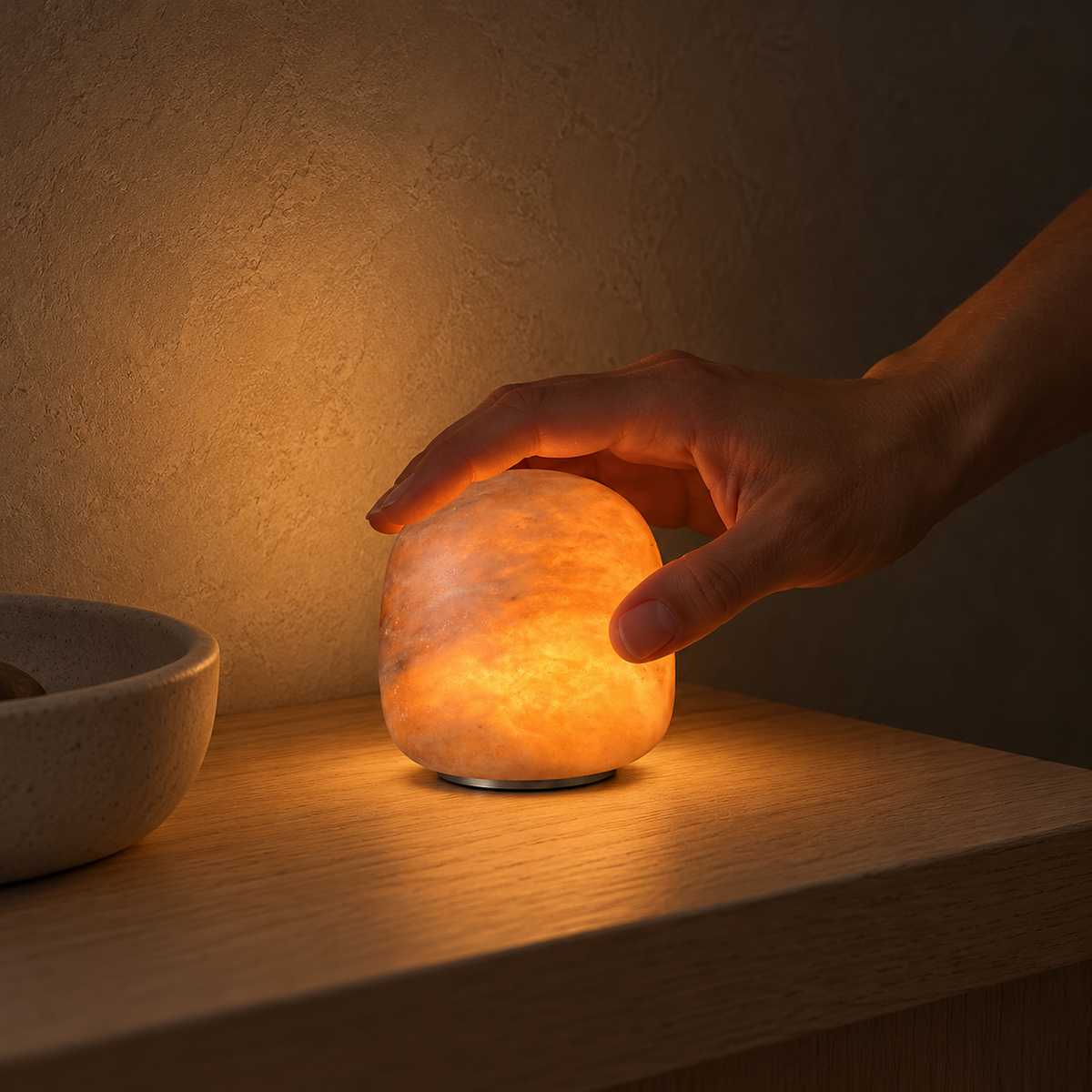 Ravelmo amber table lamp casting a warm candlelike glow on an entryway console at night #color_amber