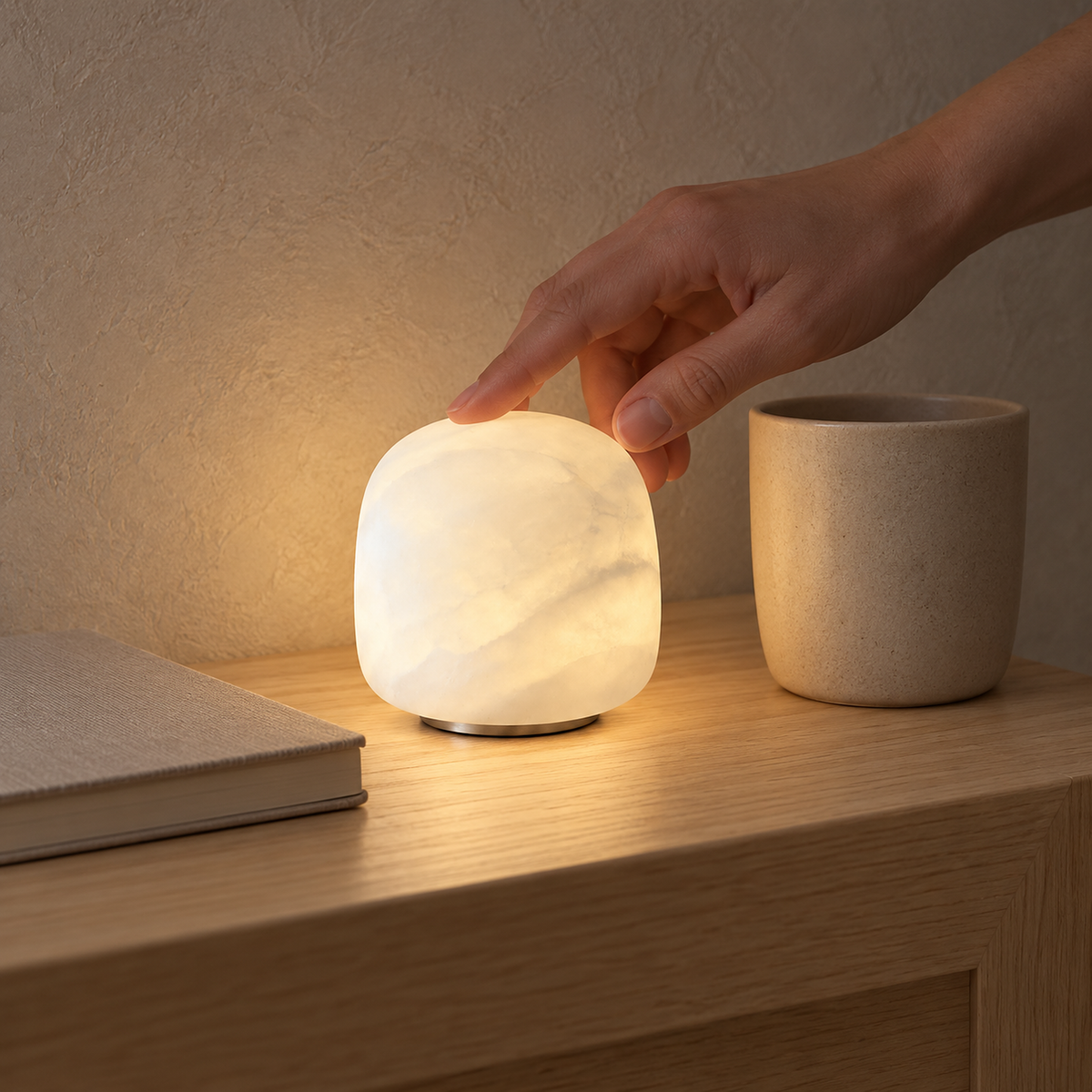 Ravelmo white cordless table lamp beside everyday objects on a hallway tabletop