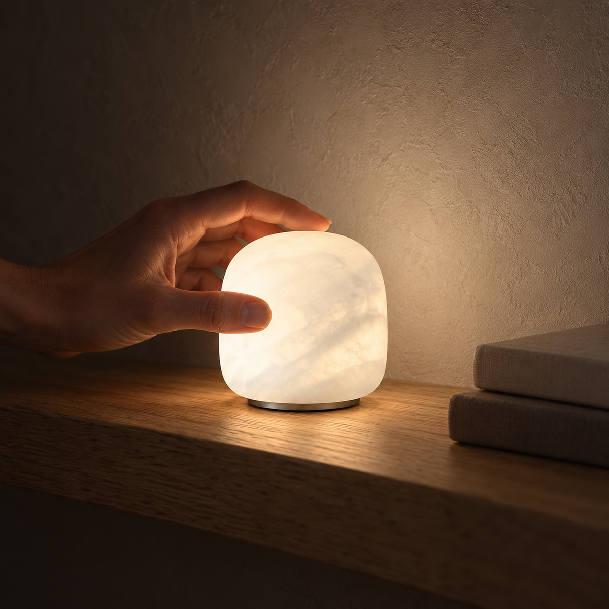 Ravelmo white rechargeable table lamp softly lighting a stair landing ledge at night