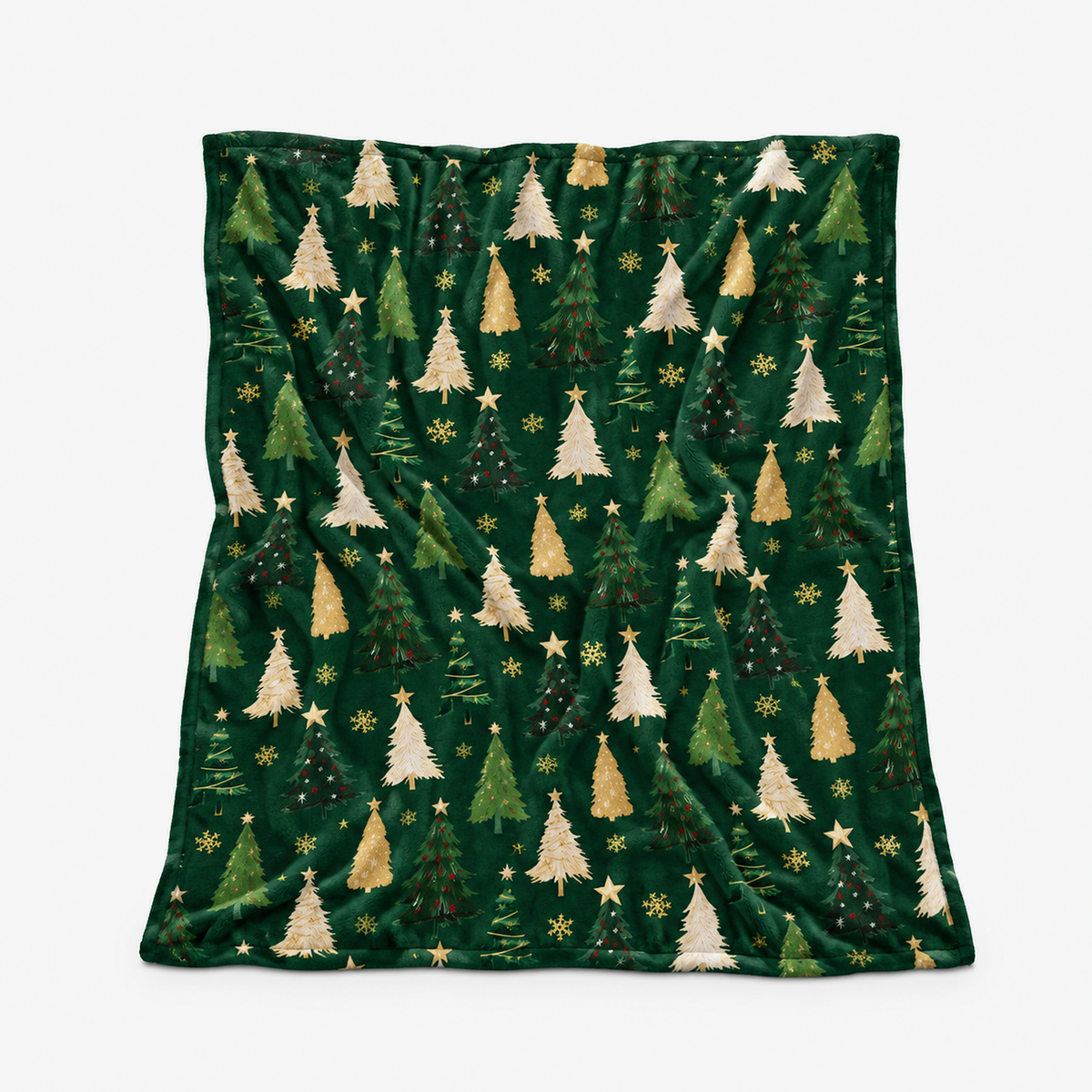 Ravisel christmas throw blanket in dark green and cream with printed christmas trees, laid fully open flat