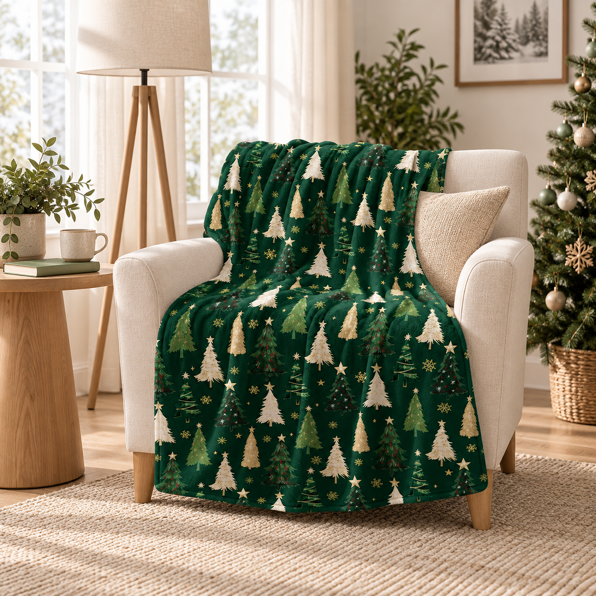 Ravisel dark green and cream christmas throw blanket arranged as a lap layer on a library reading chair