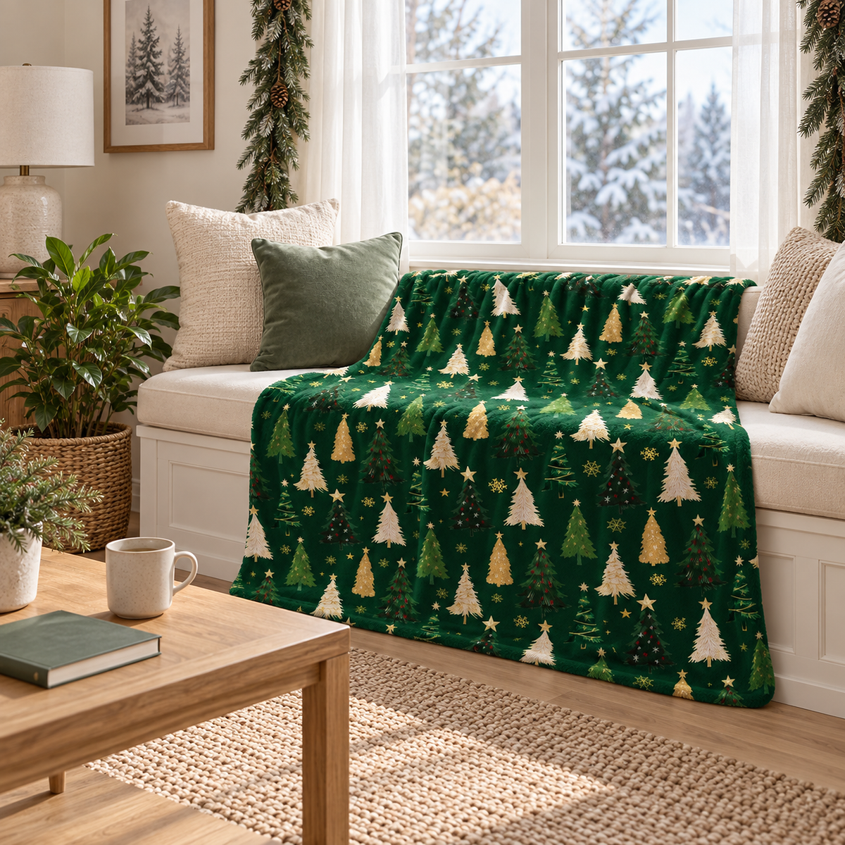 Ravisel dark green and cream soft throw blanket draped open across a bright breakfast window seat