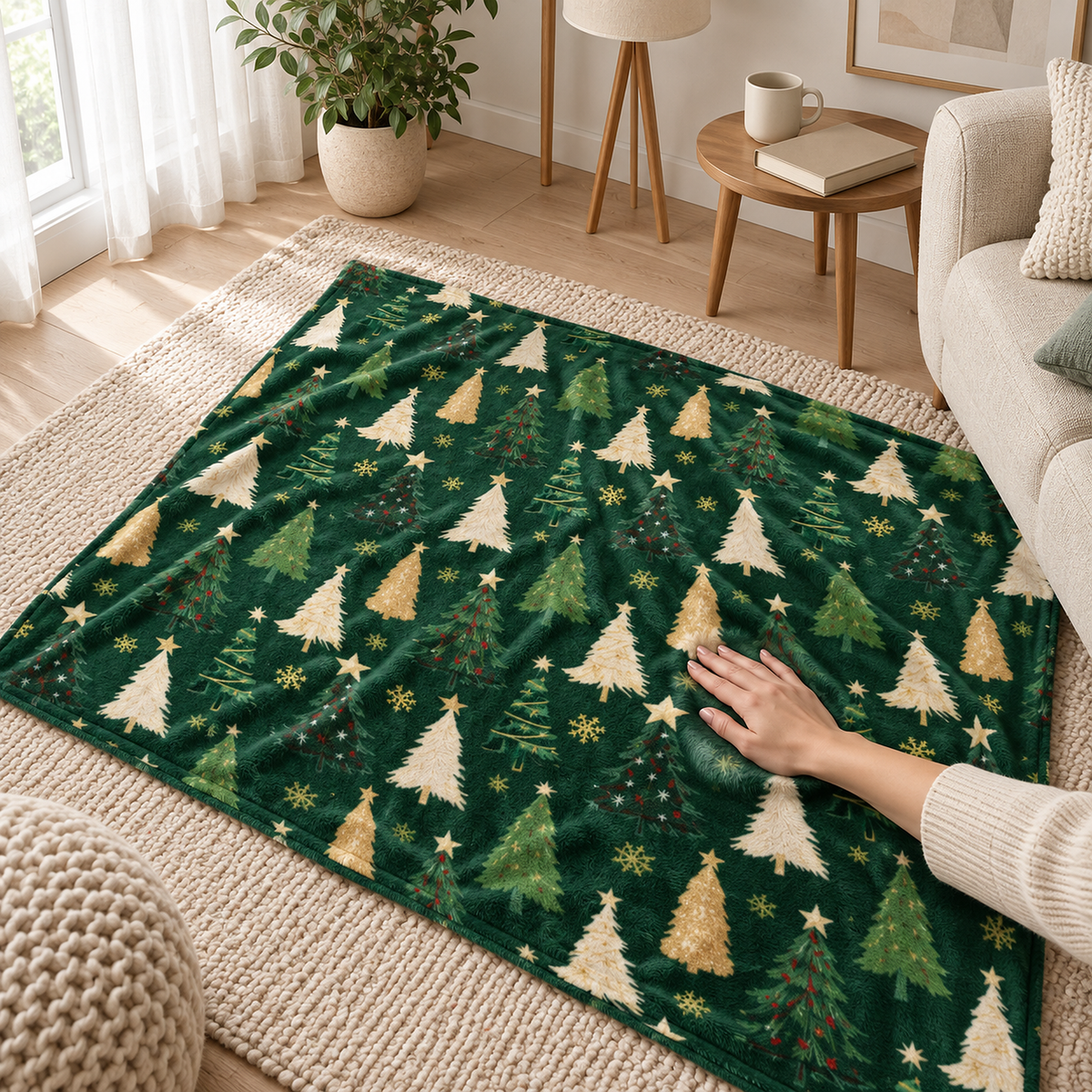 Ravisel dark green and cream soft throw blanket with an adult hand smoothing the printed plush