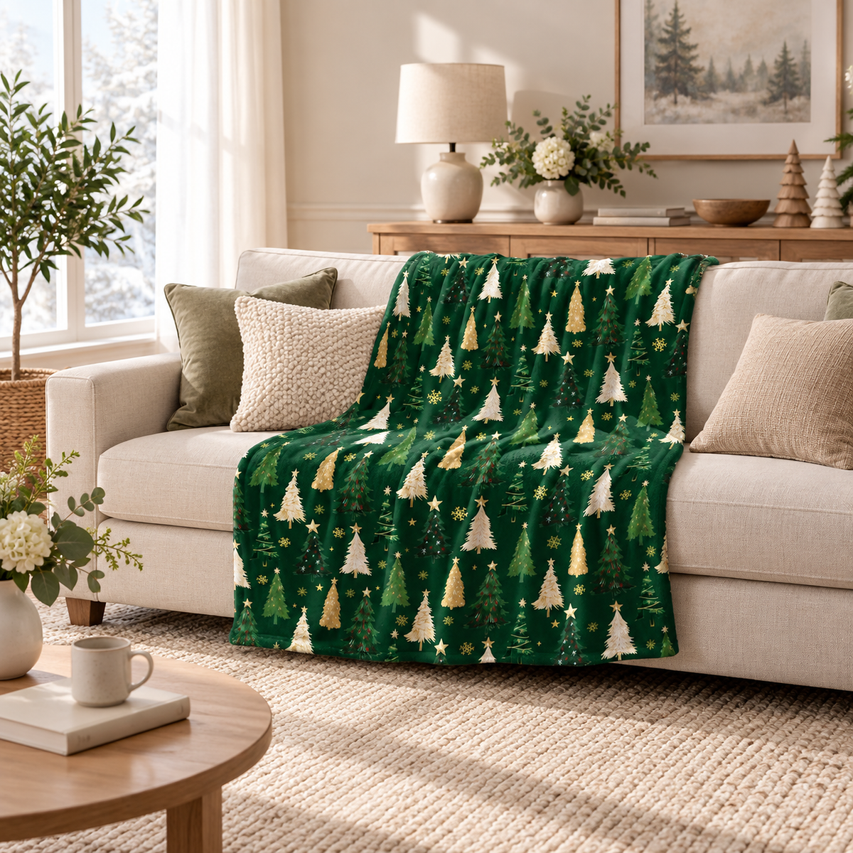 Ravisel dark green and cream throw blanket for couch spread across a living room sofa seat