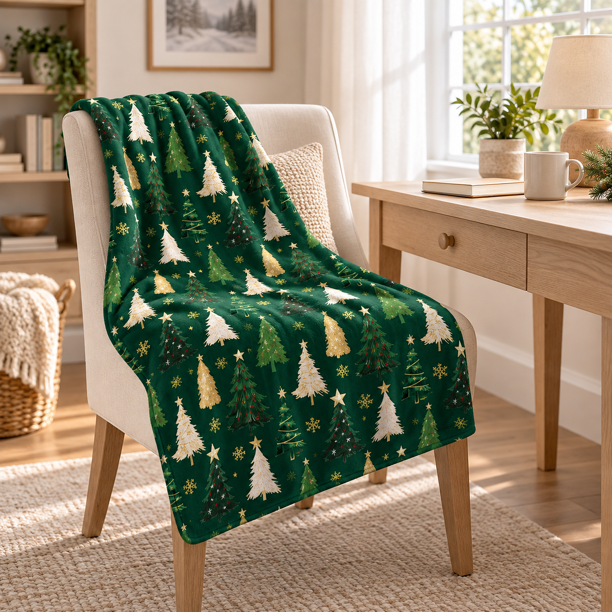 Ravisel dark green and cream throw blanket with its printed corner falling over a writing chair