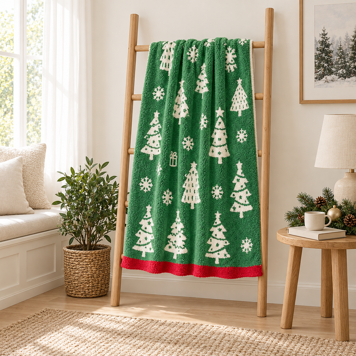 Ravolen green and white christmas throw blanket hanging open on a wooden ladder in a bright hallway