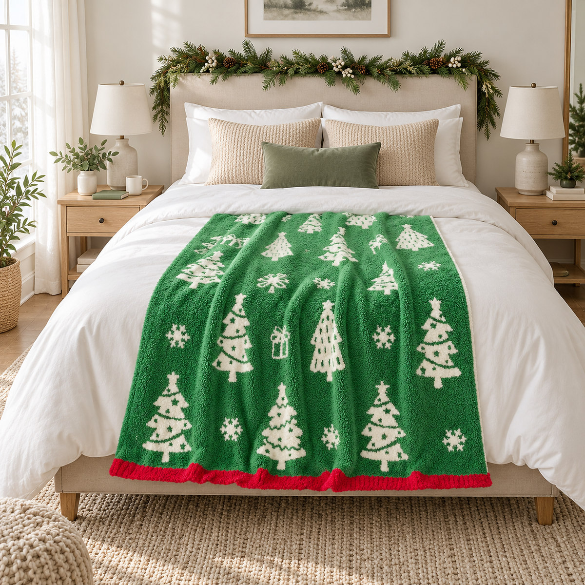 Ravolen green and white christmas throw blanket laid open as an accent across a queen bed