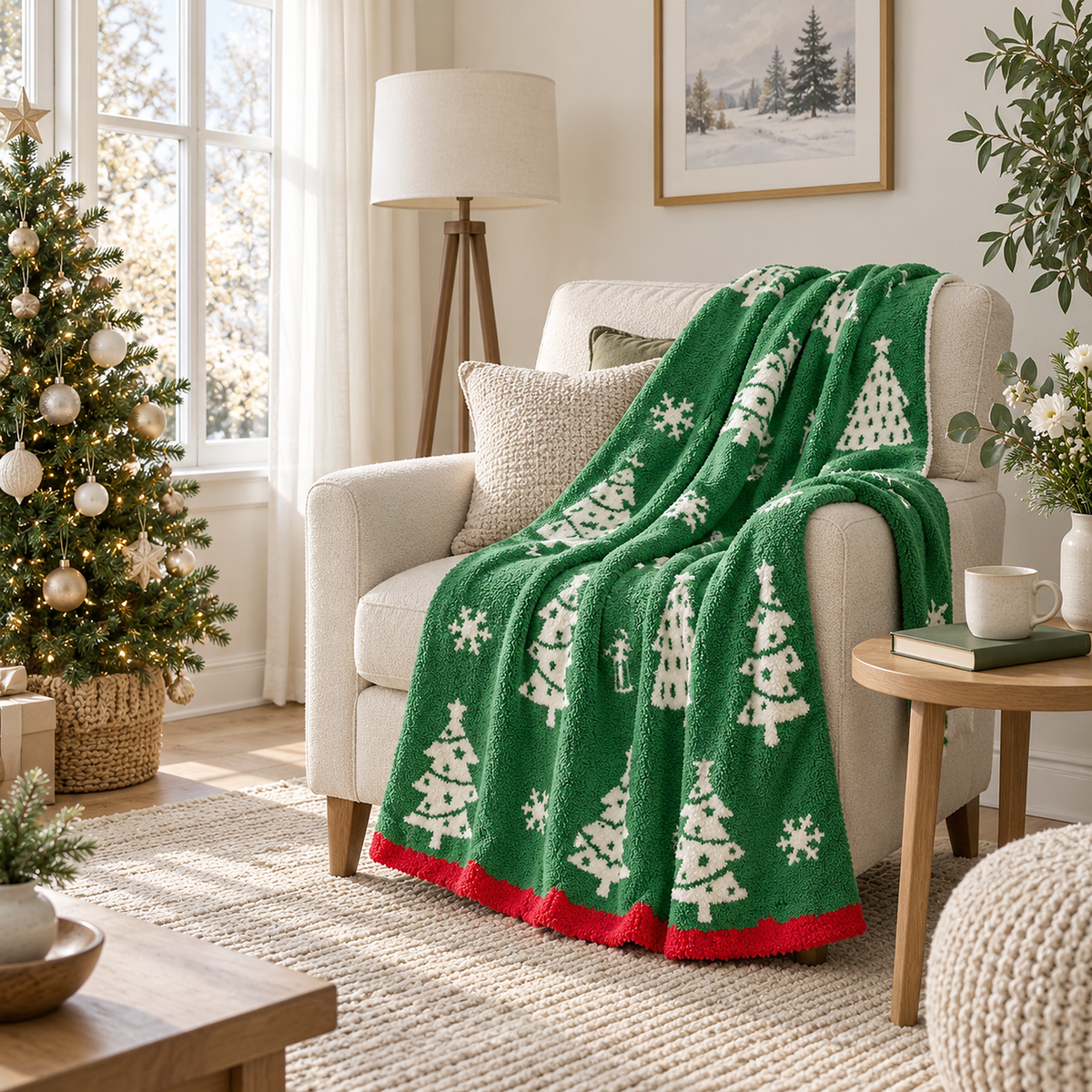 Ravolen green and white throw blanket draped over a reading chair beside a book in a daylit corner