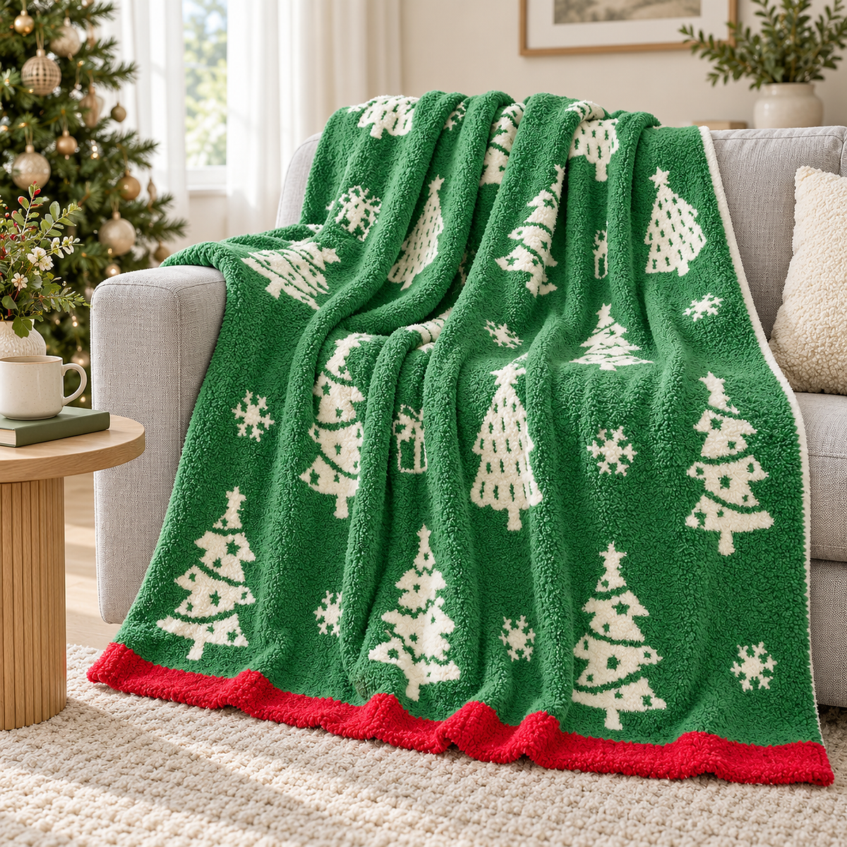 Ravolen green and white throw blanket for couch draped open over a pale sofa arm