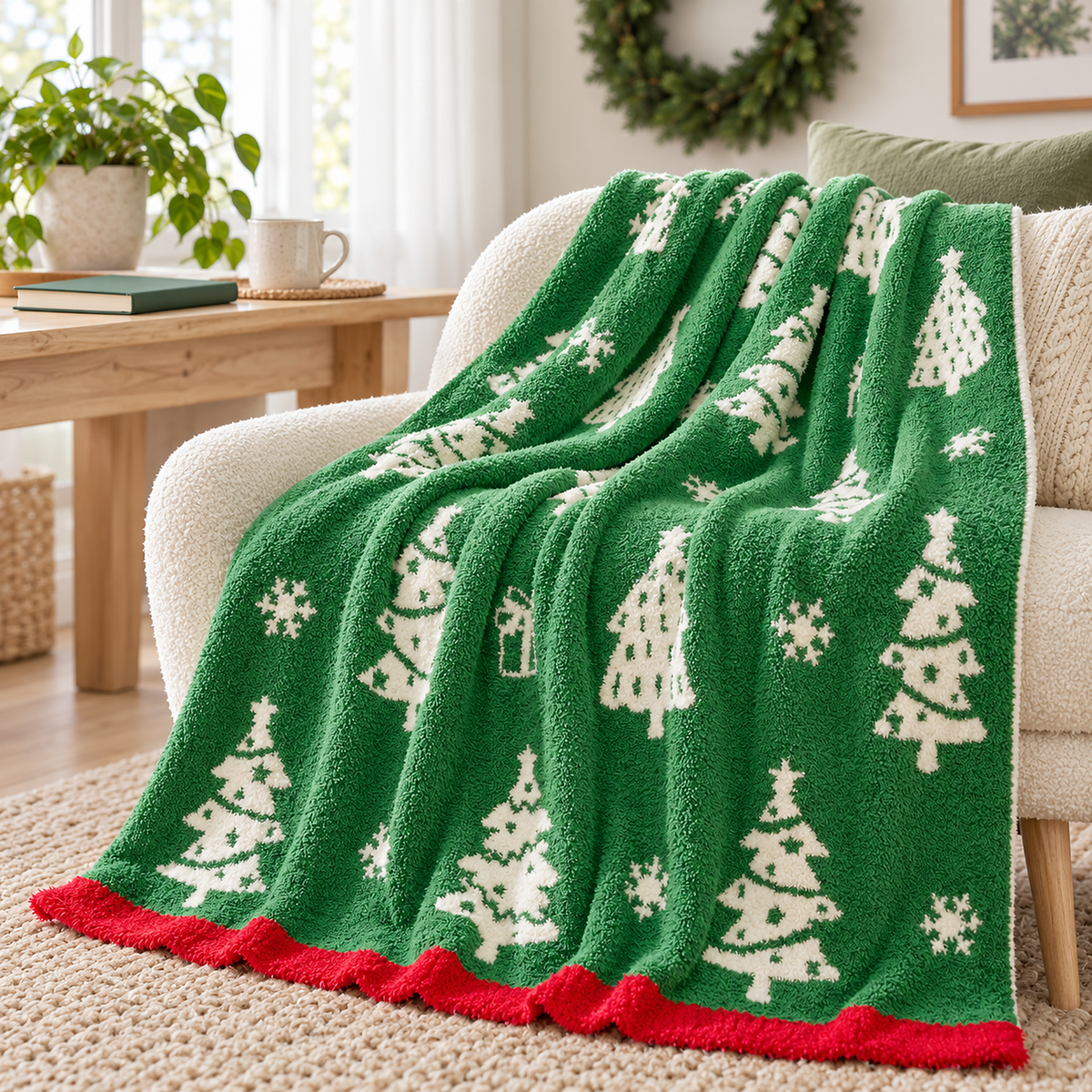 Ravolen green and white throw blanket showing the contrasting lower band along its front edge