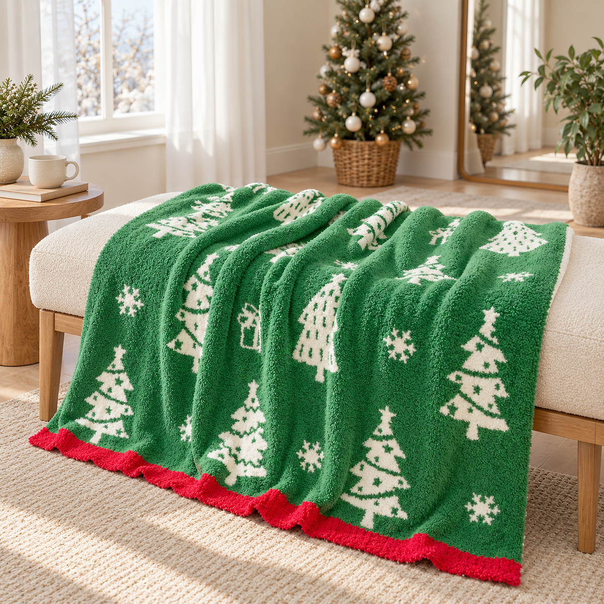 Ravolen green and white throw blanket with its lower edge resting over a dressing room bench cushion