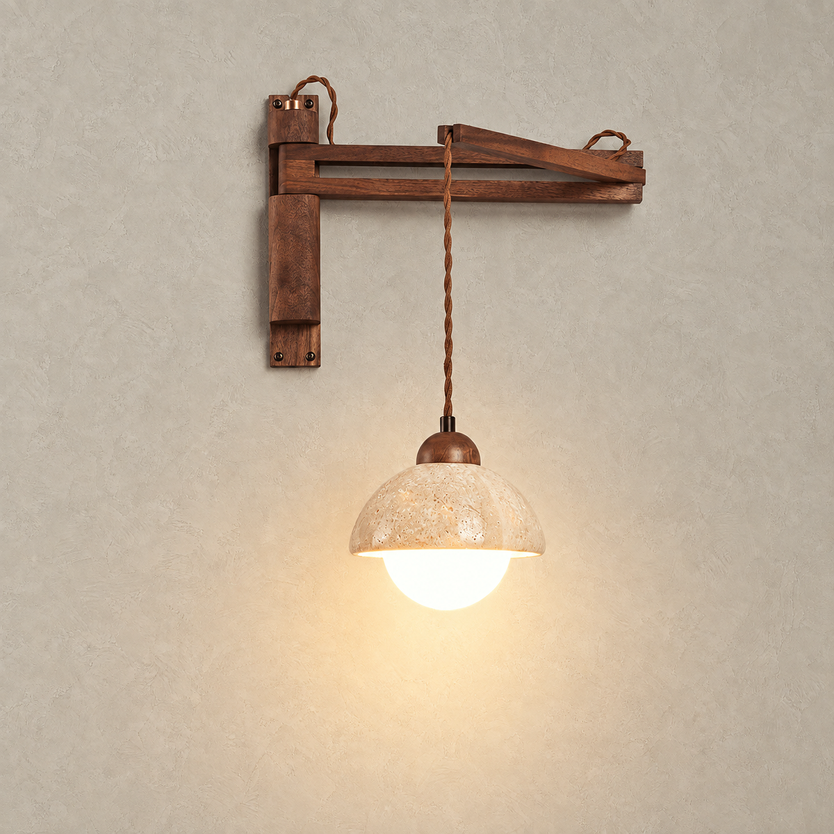 Relmino model A walnut wall sconce lit on a plain plate showing its travertine dome shade