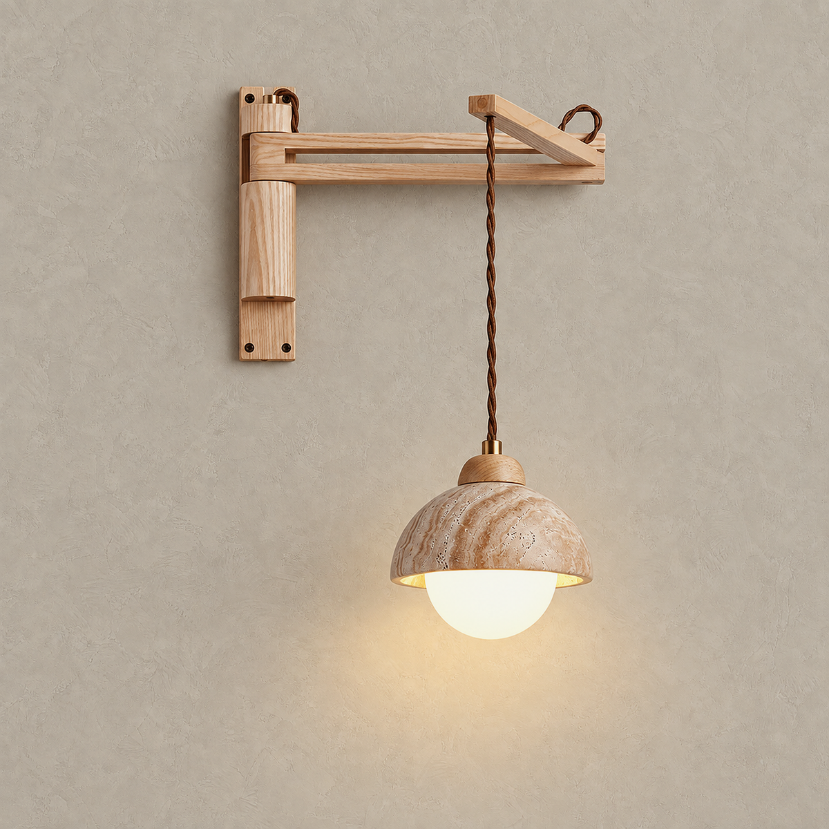 Relmino model A wood LED wall sconce switched on alone on a plain plate with its dome shade