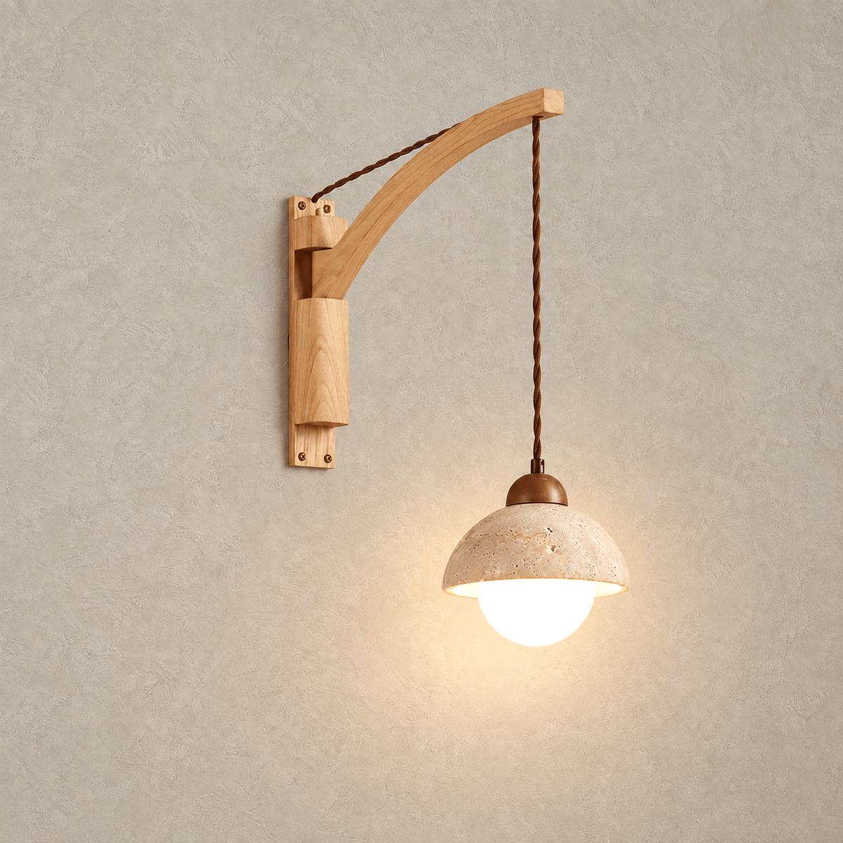 Relmino model C wood LED wall sconce lit on a plain plate showing its yellow travertine shade