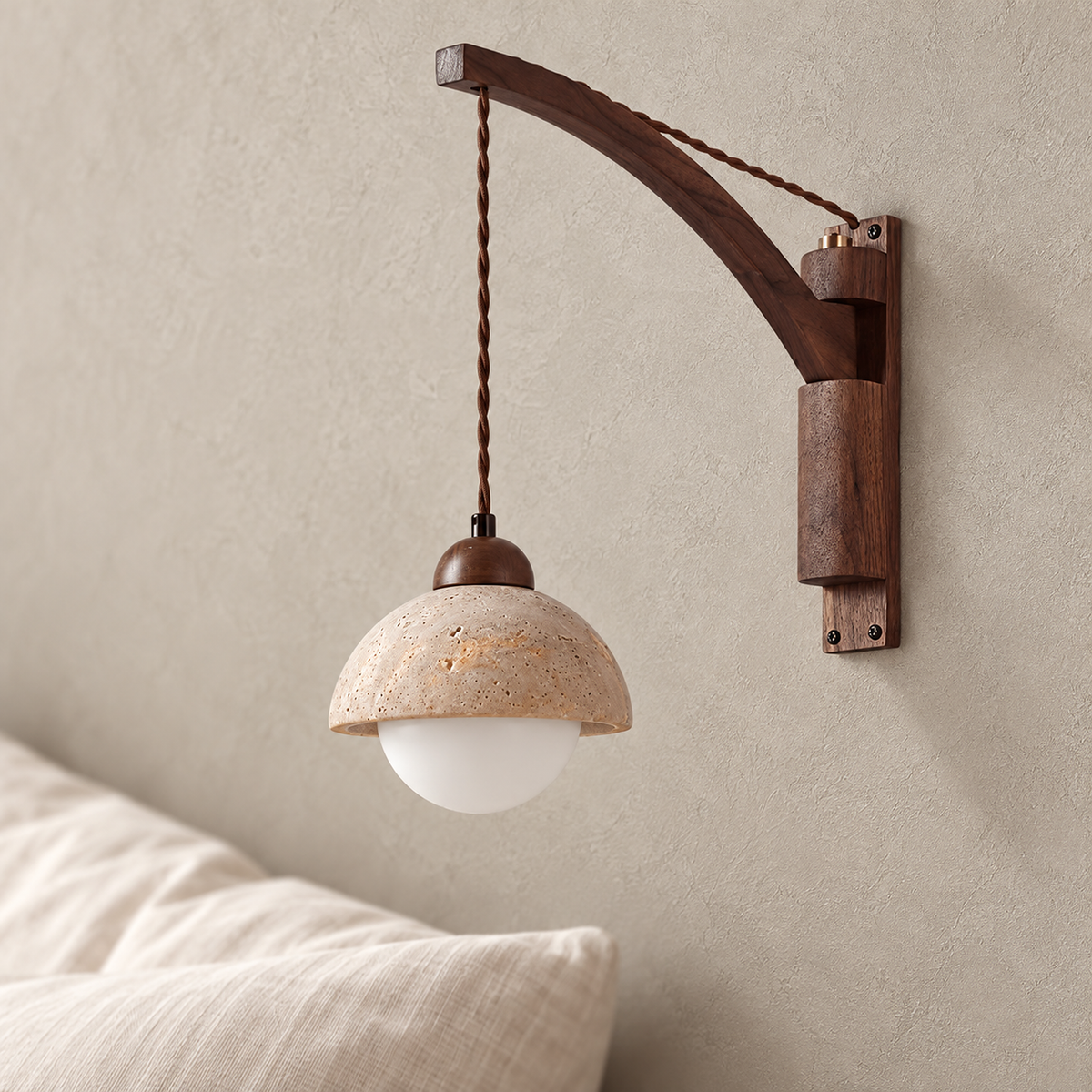 Relmino yellow travertine bedside lamp close up on the stone shade texture and unlit rim