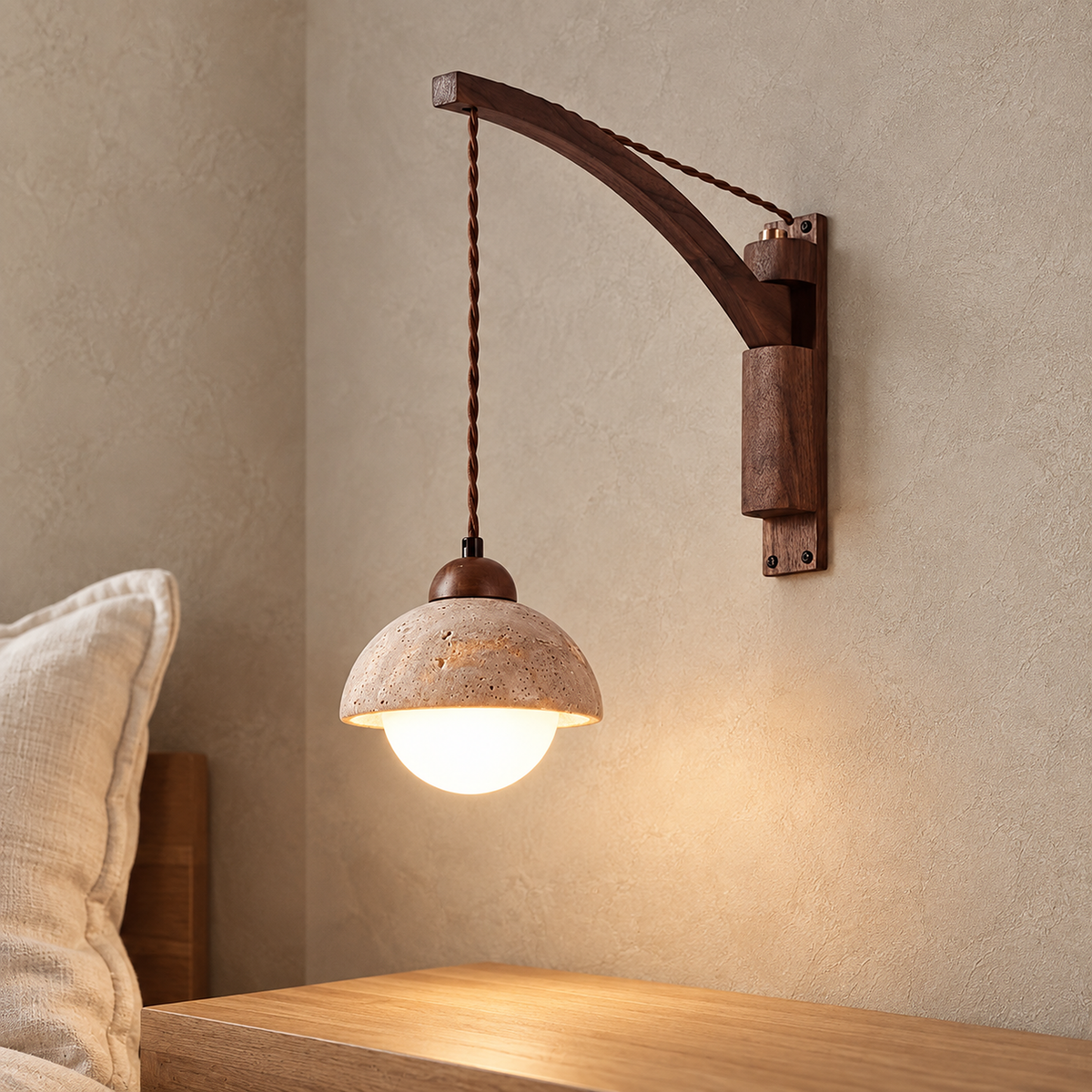 Relmino yellow travertine bedside lamp glowing in a guest sleeping room in daylight