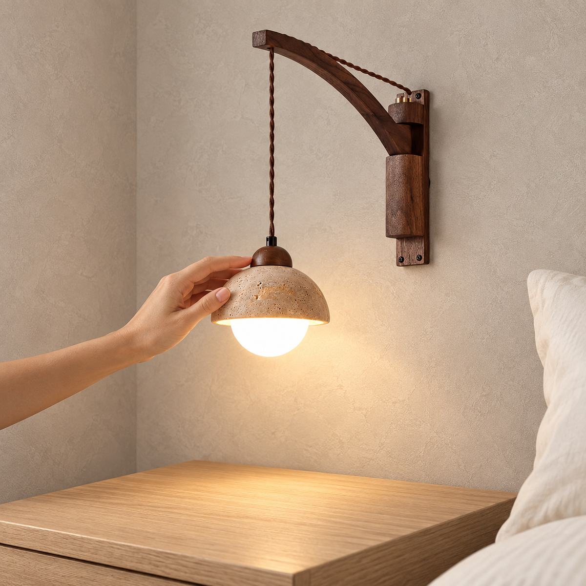 Relmino yellow travertine bedside lamp glowing on the wall leaving the tabletop clear