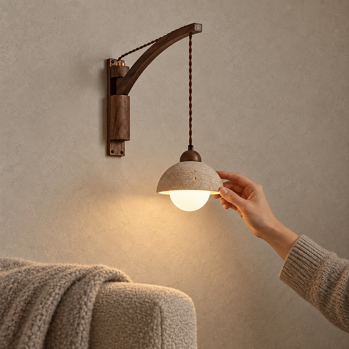Relmino yellow travertine LED wall sconce mounted above an oatmeal sofa arm and glowing