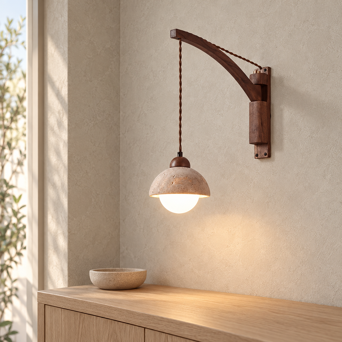 Relmino yellow travertine LED wall sconce showing the glow below its stone dome shade