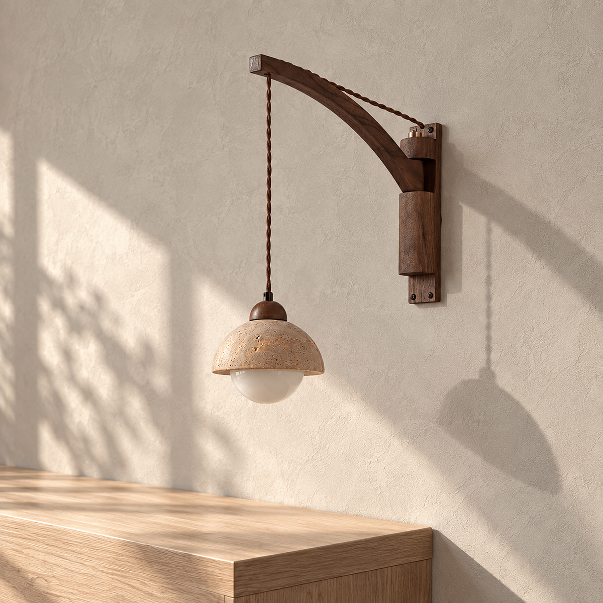 Relmino yellow travertine LED wall sconce switched off in an entry alcove in daylight
