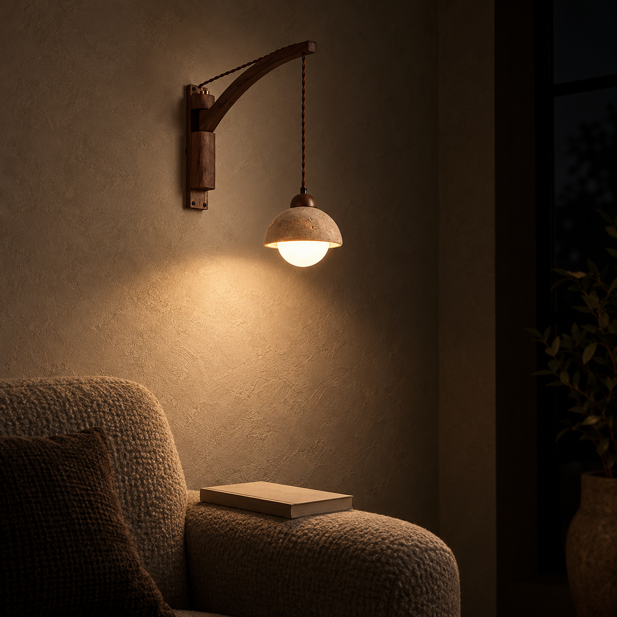 Relmino yellow travertine wall sconce casting reading light beside an armchair at night