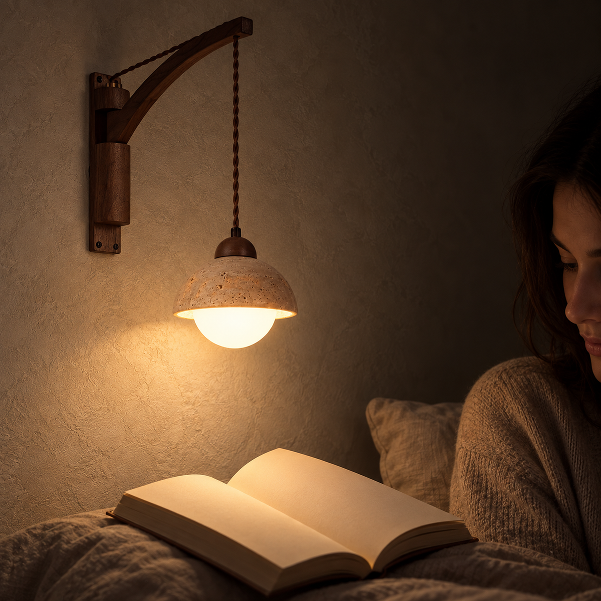 Relmino yellow travertine wall sconce lighting a book for a reader at night in a guest room