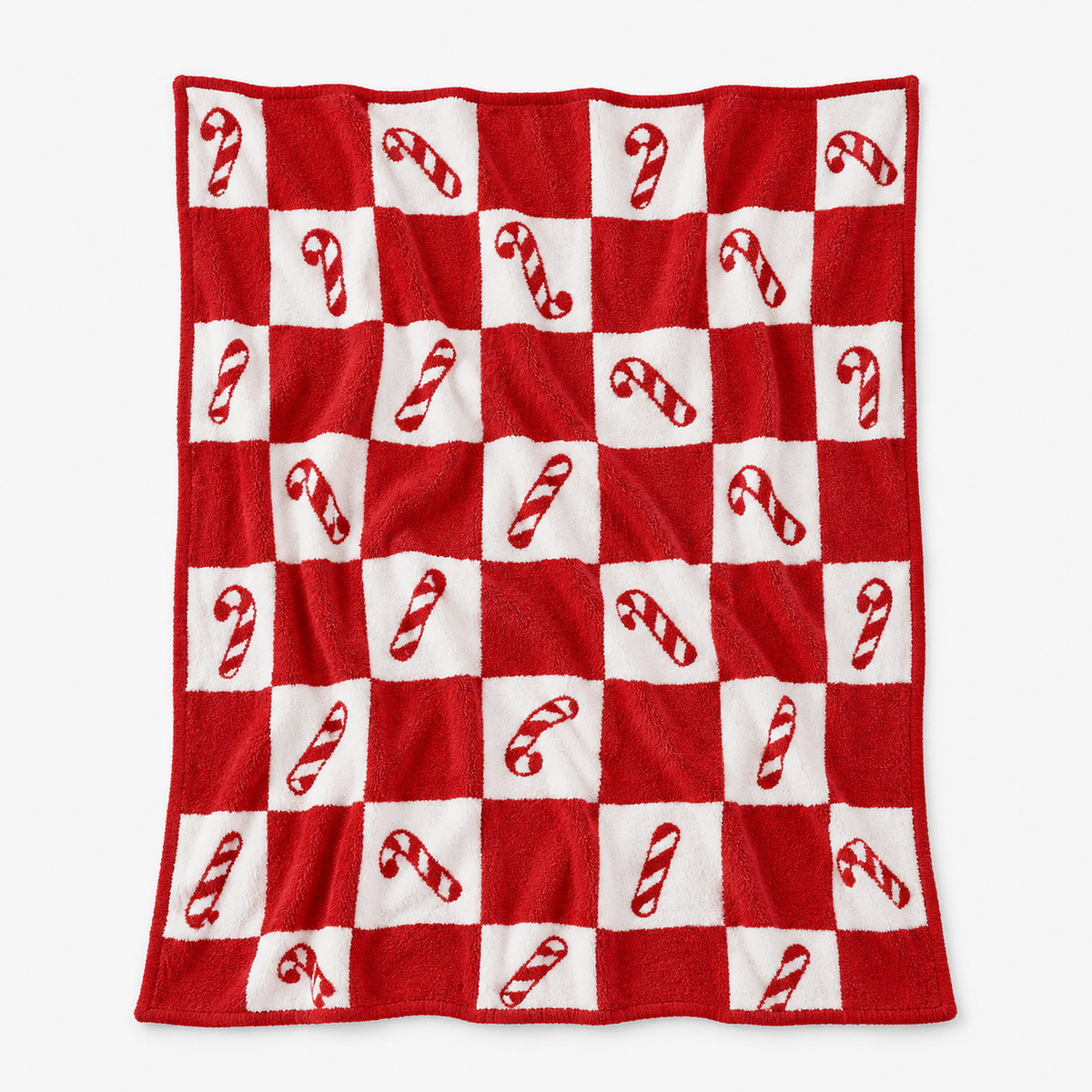 Remilta checkered candy cane christmas throw blanket laid fully open, red and white checks with candy canes