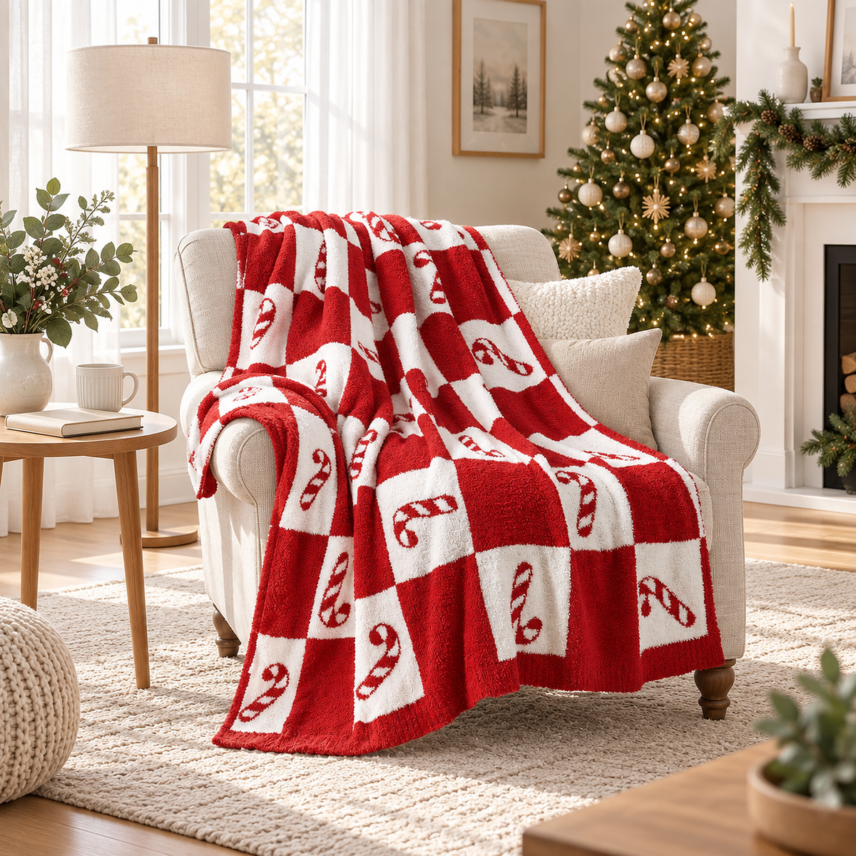 Remilta checkered candy cane plush throw blanket over an armchair in a furnished daylight reading corner
