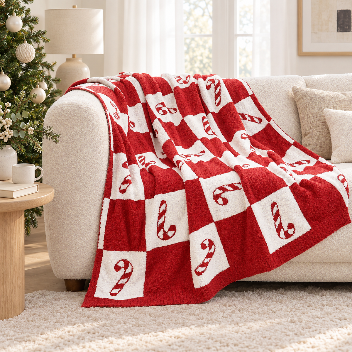 Remilta checkered candy cane throw blanket for couch draped over an ivory sofa in a front living room