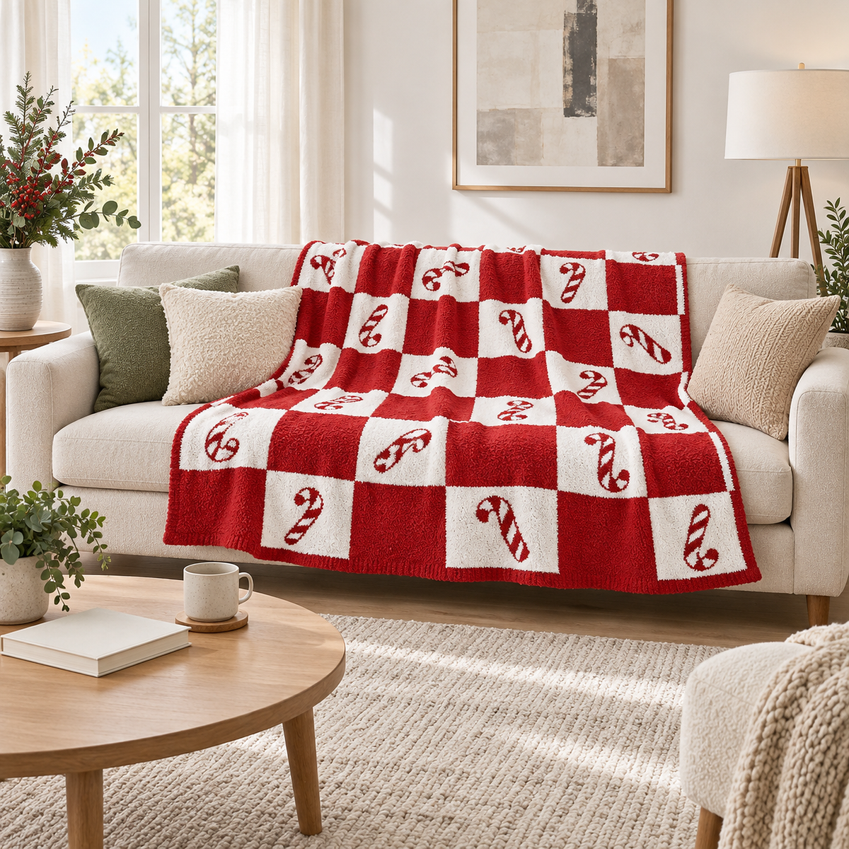 Remilta checkered candy cane throw blanket for couch spread across a living room sofa with cushions