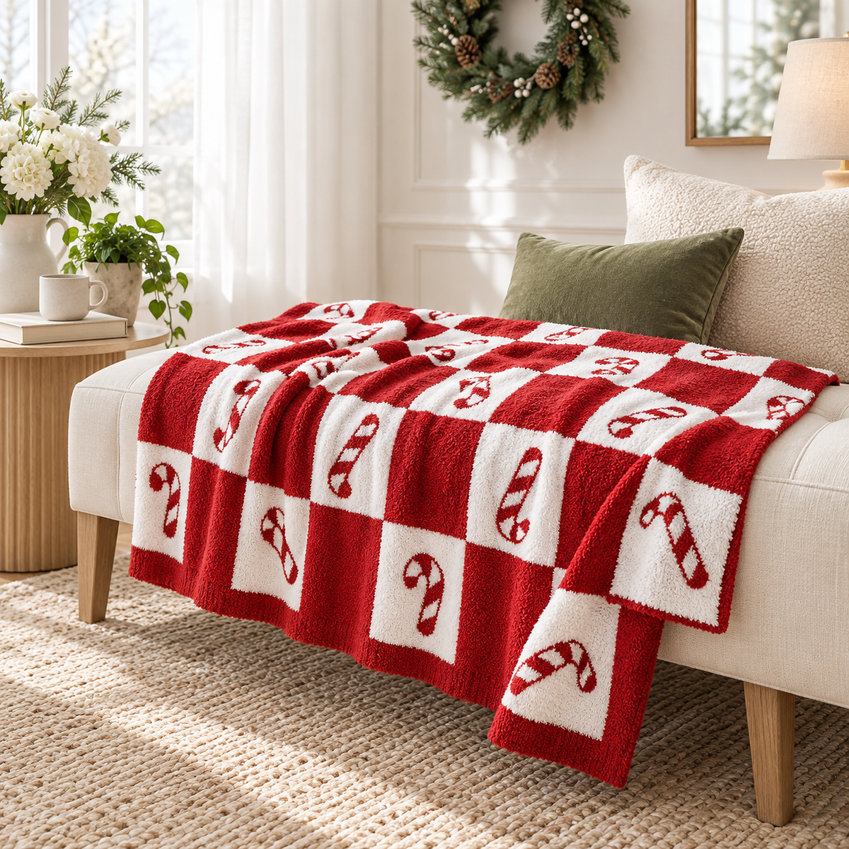 Remilta checkered candy cane throw blanket in a single layer profile on an upholstered dressing room bench