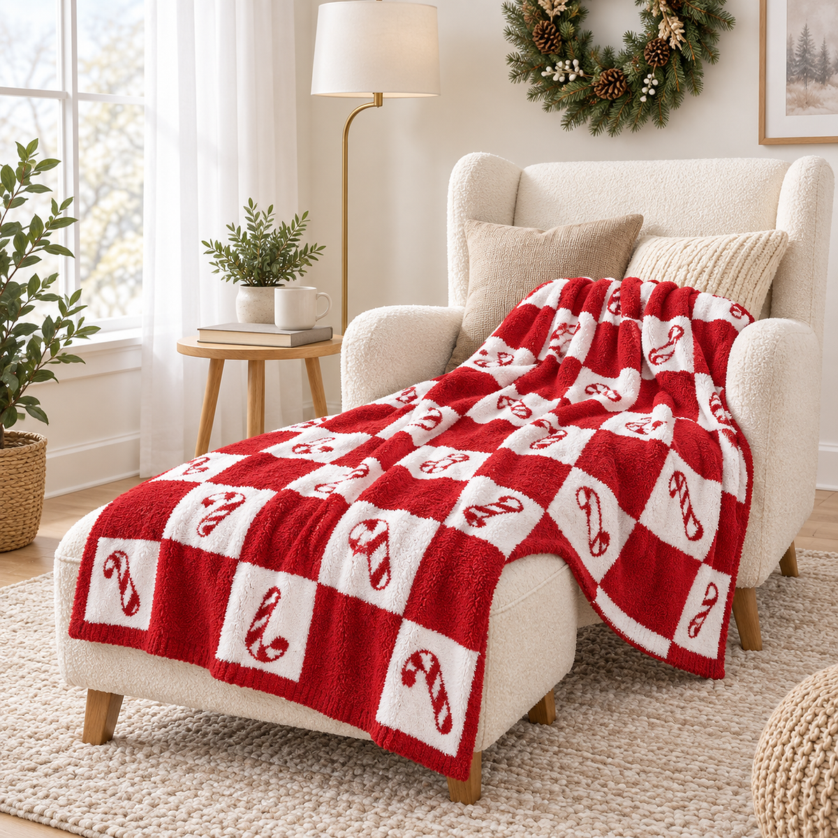 Remilta checkered candy cane throw blanket ready for lap and leg coverage on a reading chair