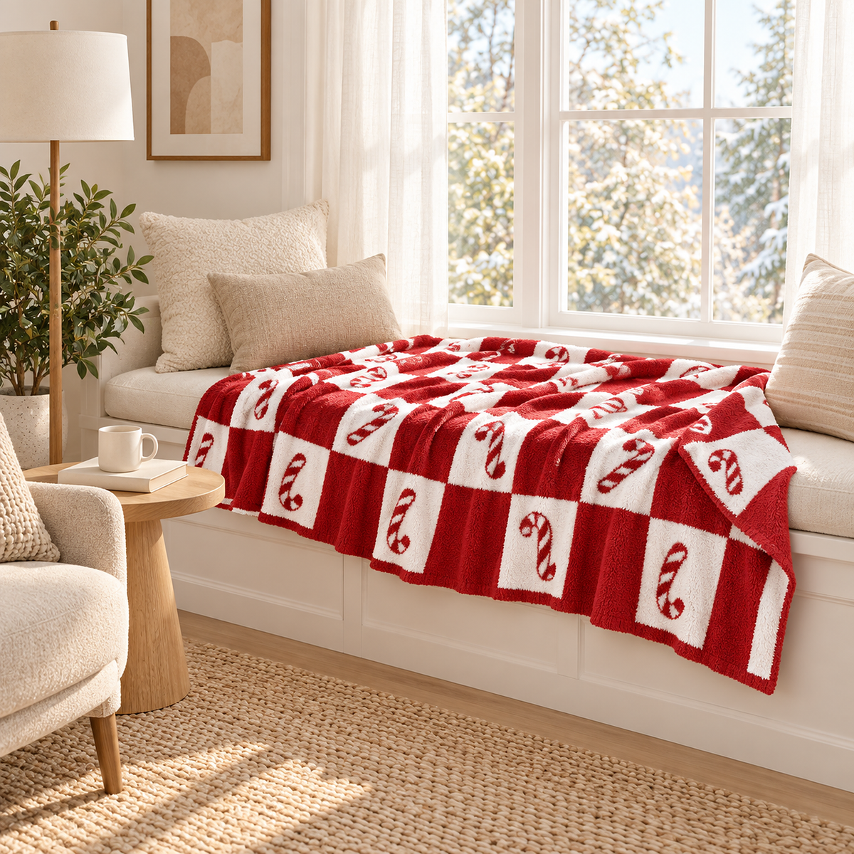 Remilta checkered candy cane throw blanket spread open for a nap on a cushioned window seat