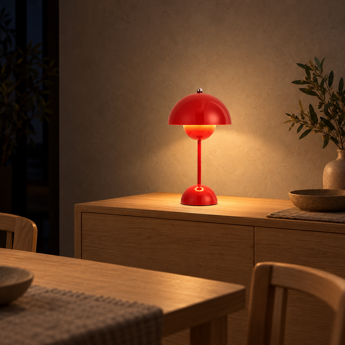 Retomira red cordless table lamp glowing gently after dark in a dining room #color_red