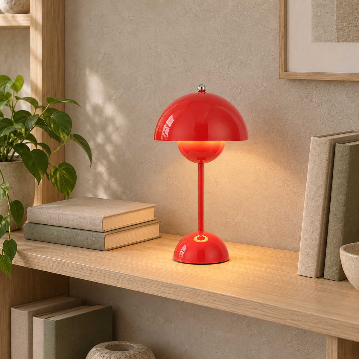 Retomira red rechargeable table lamp lit on a library bookshelf in daylight #color_red