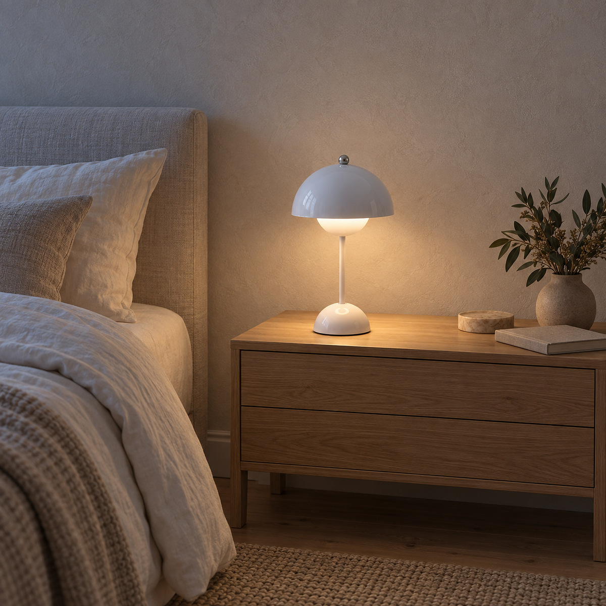 Retomira white bedside lamp dimmed low beside the bed in a quiet bedroom