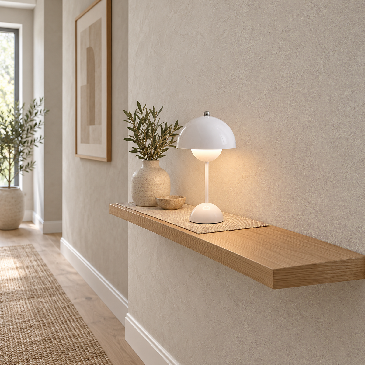 Retomira white table lamp lit and leaving room free on a narrow hallway shelf