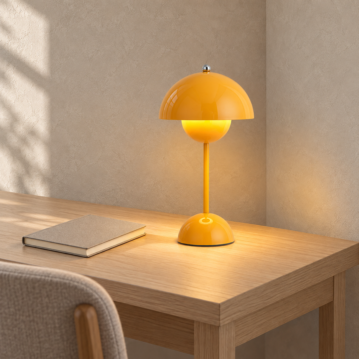 Retomira yellow rechargeable table lamp lit beside a closed notebook on a study desk #color_yellow