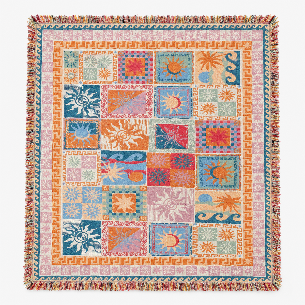 Rimalsa multicolored reversible fringe throw blanket laid fully open showing the complete fringed edge