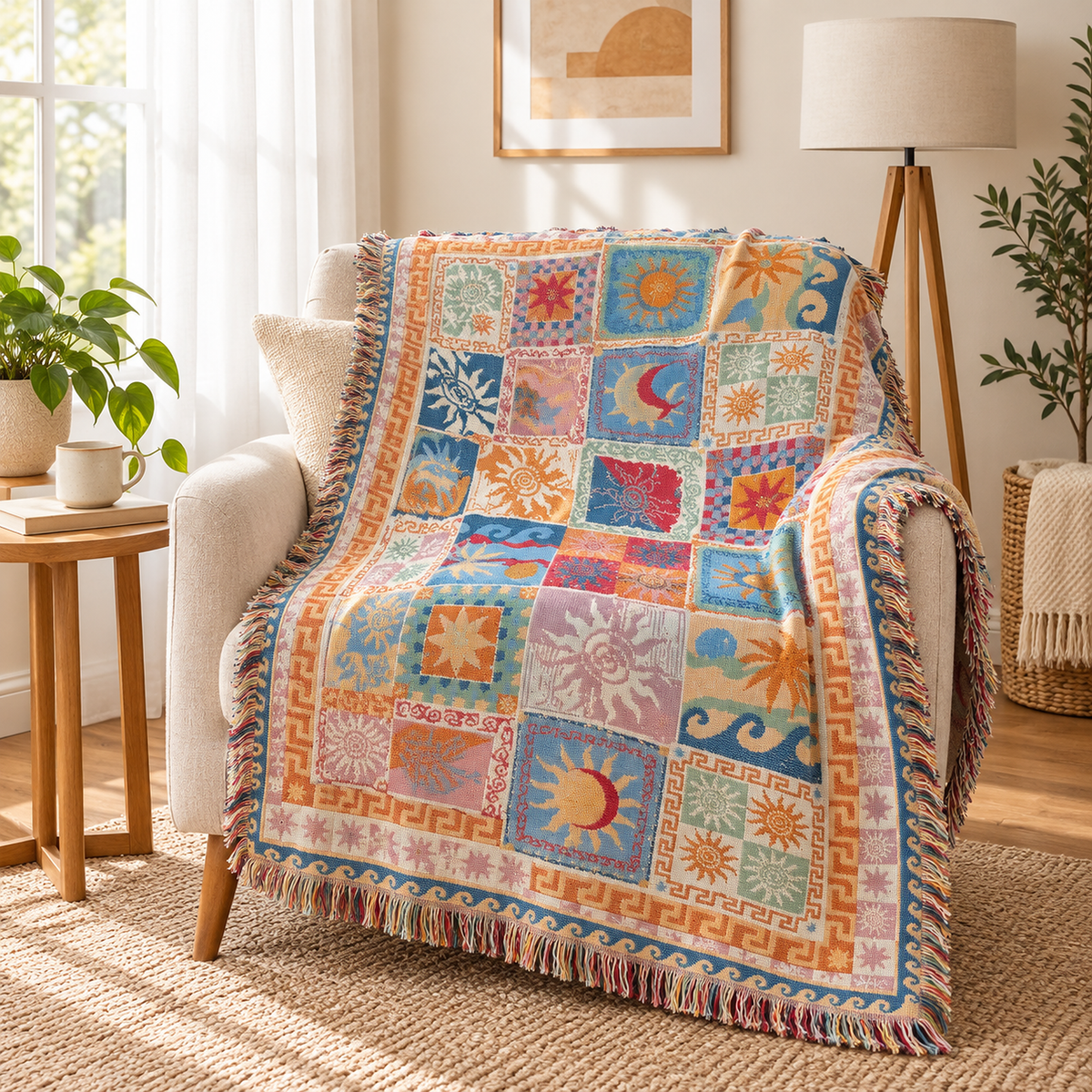 Rimalsa multicolored soft throw blanket draped over a reading armchair with the fringe hanging freely