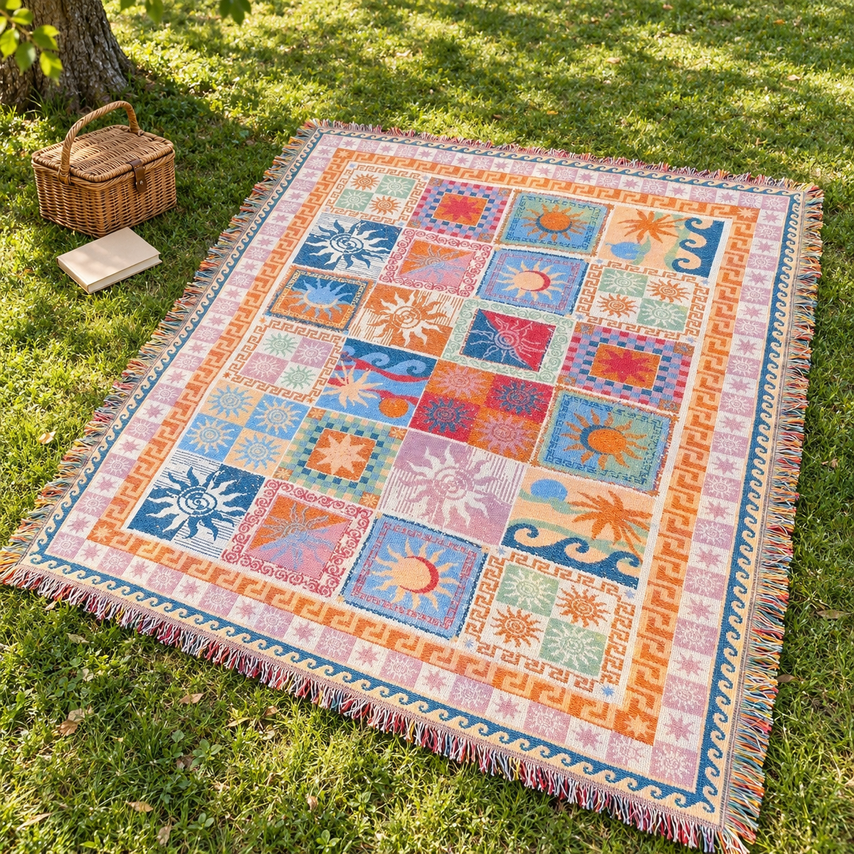 Rimalsa multicolored reversible throw blanket spread open on a quiet park lawn as an outdoor picnic mat