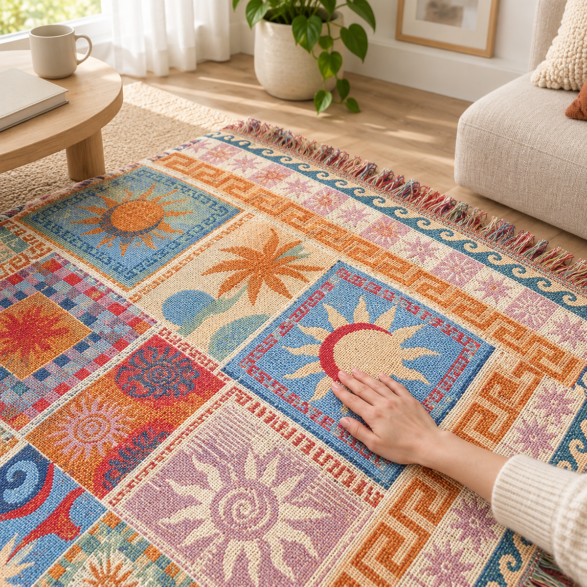 Rimalsa multicolored throw blanket surface resting under an adult hand in daylight