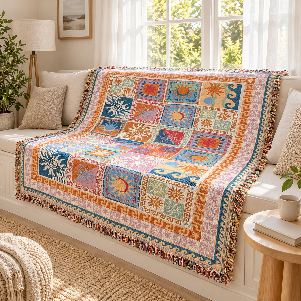 Rimalsa multicolored throw blanket draped across a window seat in a bright sunroom