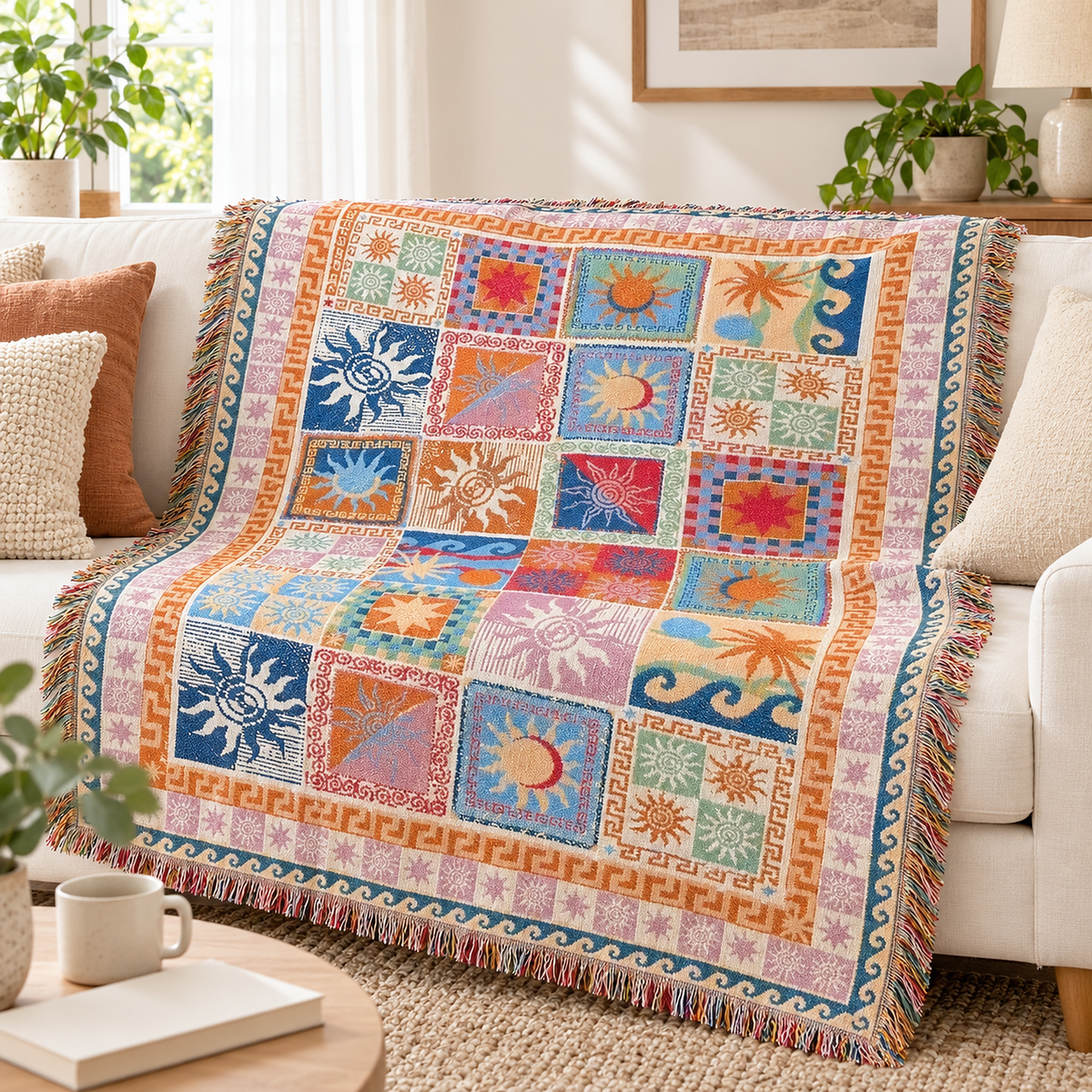 Rimalsa multicolored throw blanket for couch draped open over a sofa in a bright living room