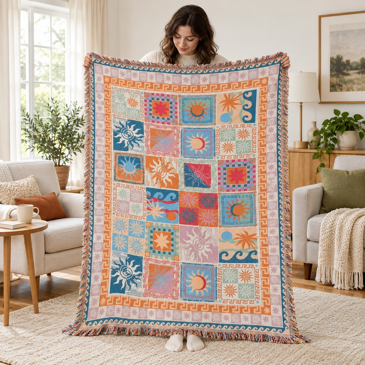 Rimalsa multicolored throw blanket for couch held open by an adult to show its size in a family sitting room