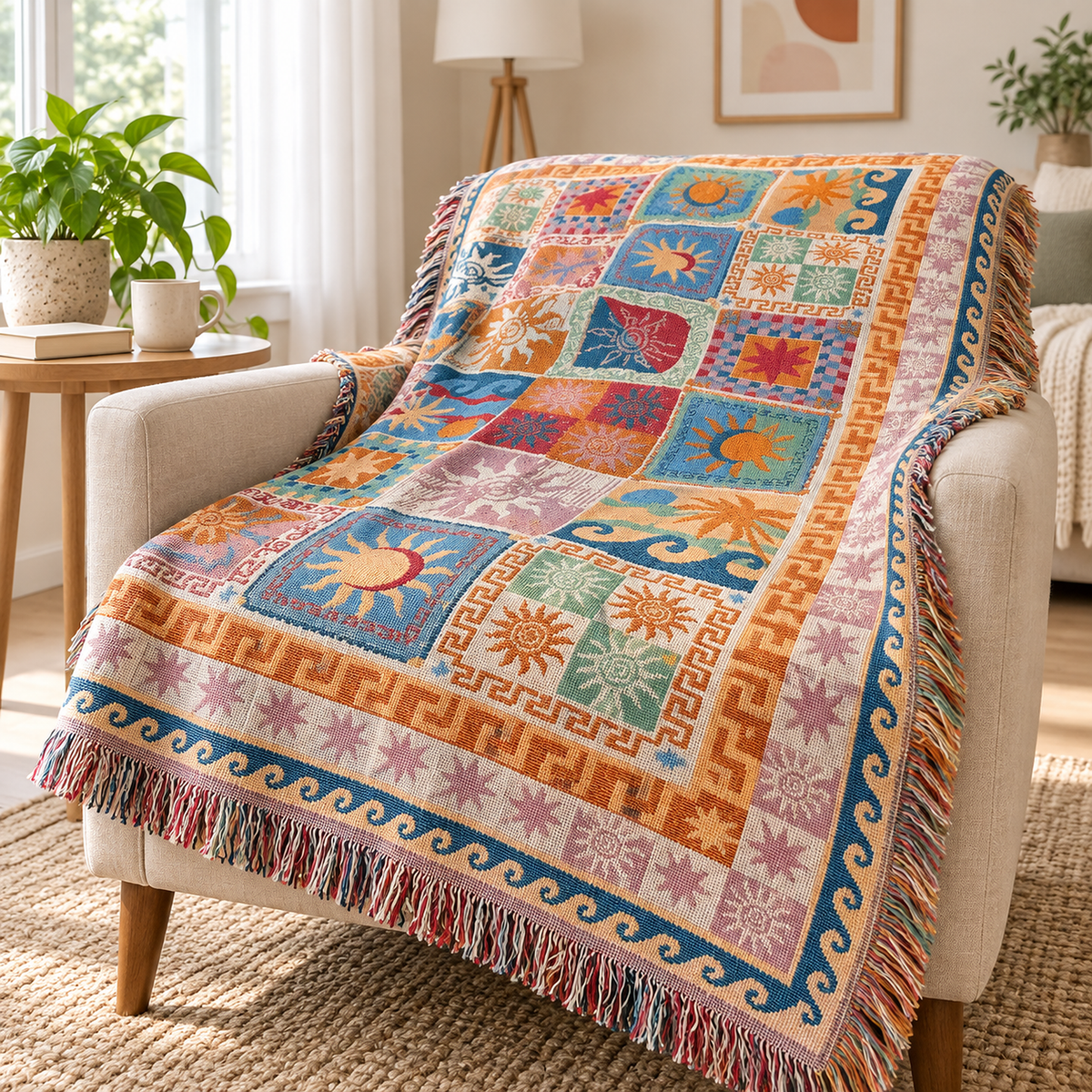 Rimalsa multicolored throw blanket for couch lying flat in a single layer beside its fringed edge in a bright sitting nook