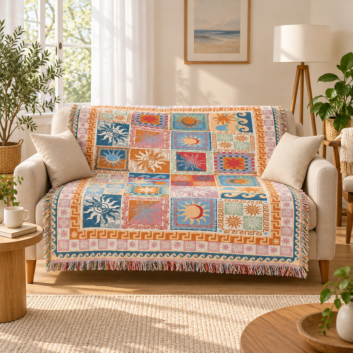 Rimalsa multicolored throw blanket for couch spread across a loveseat in a furnished living room